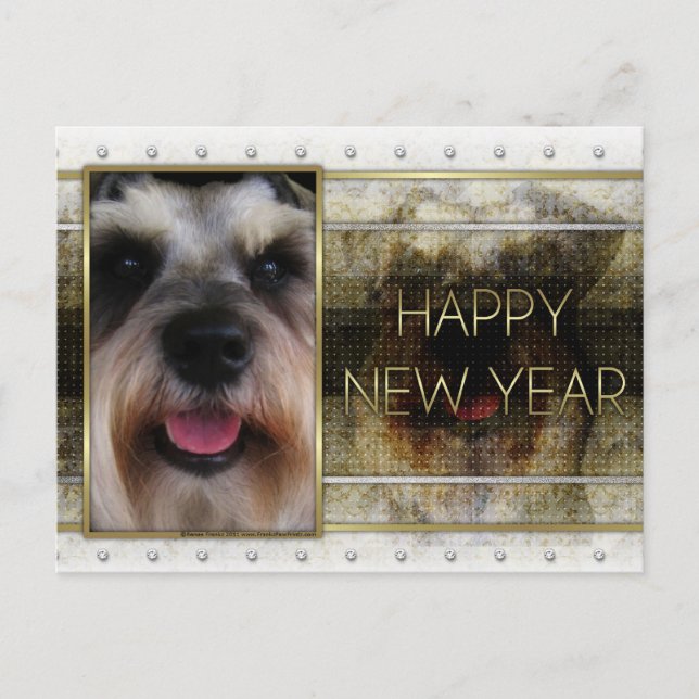 Postal Festiva Año Nuevo - Elegancia dorada - Schnauzer (Anverso)