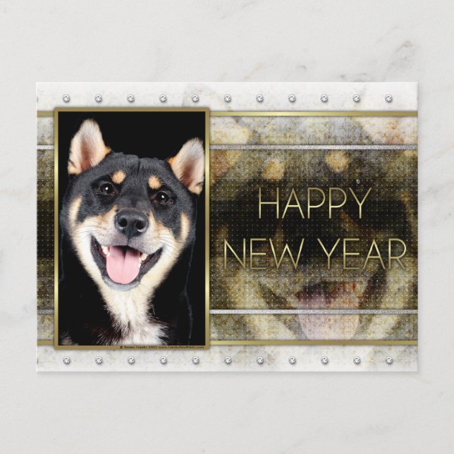 Postal Festiva Año Nuevo - Elegancia dorada - Shiba Inu - Hachi (Anverso)