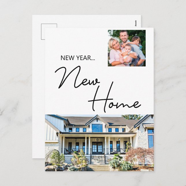 Postal Festiva Año Nuevo: Fotografía de la familia en casa y vaca (Anverso / Reverso)