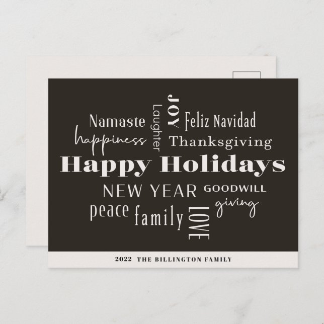 Postal Festiva Año Nuevo muchos saludos Crema Negro (Anverso / Reverso)