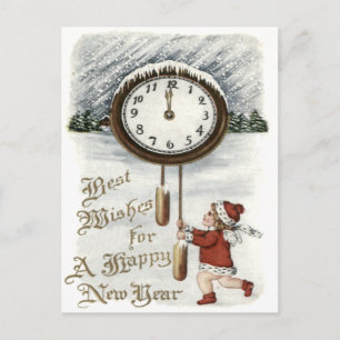 Postal Festiva Año Nuevo Reloj de invierno con nieve para niños