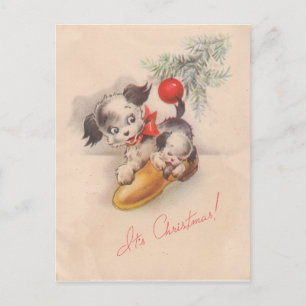 Postal Festiva Años 1940 Viñar a sus Navidades Perros con Cachorr