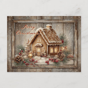 Postal Festiva Antiguo. Casa de jengibre. Feliz Navidad.