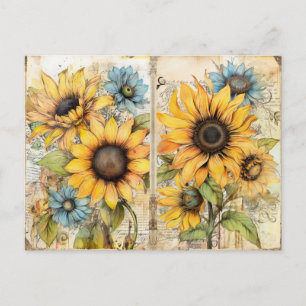 Postal Festiva Antiguo. Hermosos girasoles.