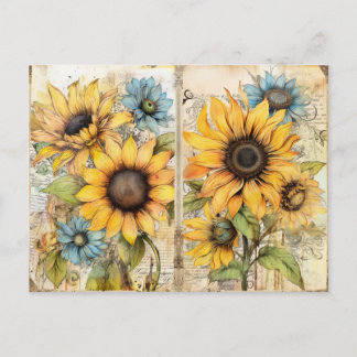 Postal Festiva Antiguo. Hermosos girasoles. 