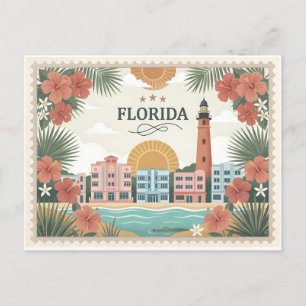 Postal Festiva Antiguo viaje a Florida Farol de Miami Art Deco
