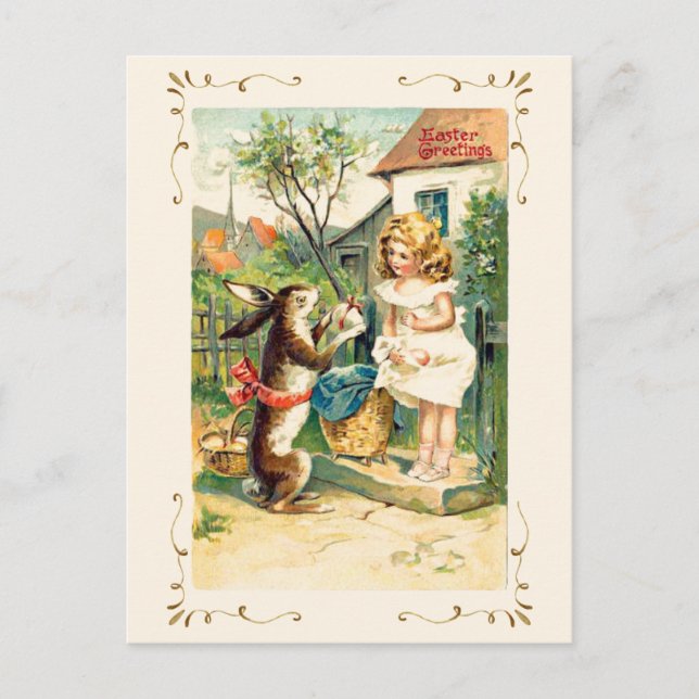 Postal Festiva Antiguo Vintage Easter Greetings Bunny Chica (Anverso)