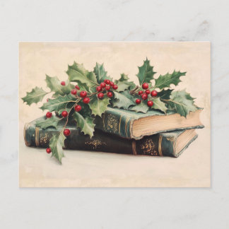 Postal Festiva ANTIQUE BOOKS WITH HOLLYBERRIES Vintage Christmas