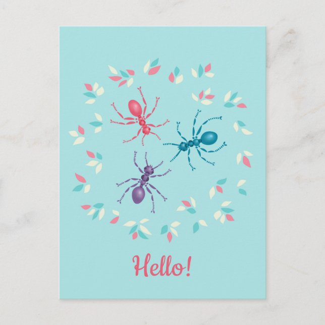 Postal Festiva Ants Spring Pastel Wildlife Hello (Anverso)