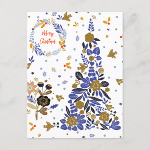 Postal Festiva Árbol de flores de pájaro de Navidades azules de é