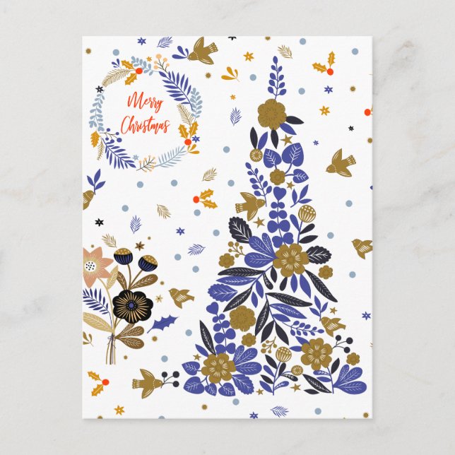 Postal Festiva Árbol de flores de pájaro de Navidades azules de é (Anverso)