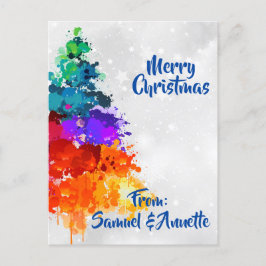 Postal Festiva Árbol de Navidad, pintura de bandeja, colores prim