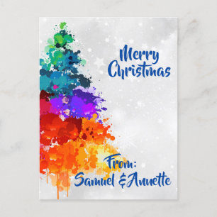 Postal Festiva Árbol de Navidad, pintura de bandeja, colores prim