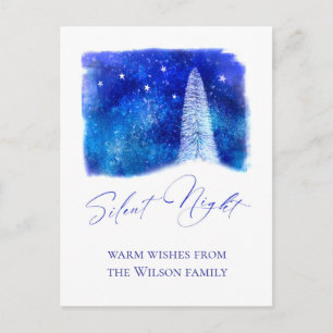 Postal Festiva Árbol de nieve de Noche Silenciosa azul y blanco n
