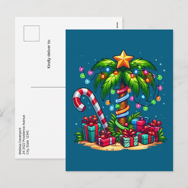 Postal Festiva Árbol de palmas de Navidades tropicales (Anverso / Reverso)