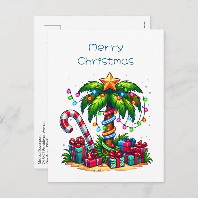 Postal Festiva Árbol de palmas de Navidades tropicales (Anverso / Reverso)