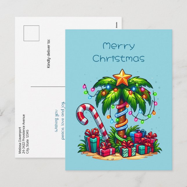 Postal Festiva Árbol de palmas de Navidades tropicales (Anverso / Reverso)