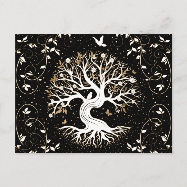 Postal Festiva Árbol de vida - Yggdrasil - blanco negro y oro (Anverso)