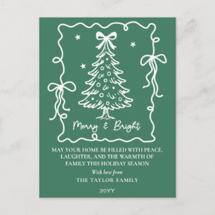 Postal Festiva Árbol dibujado a mano verde oscuro Merry & Bright 