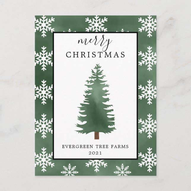 Postal Festiva Árbol navideño acuarela y copos de nieve Feliz Ho (Anverso)