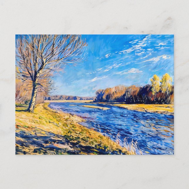 Postal Festiva Árbol por un río de primavera tranquilo (Anverso)