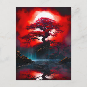 Postal Festiva Árbol Rojo Místico Bajo Luna Llena