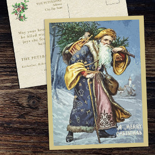 Postal Festiva Árbol y juguetes navideños de oro azul de vintage
