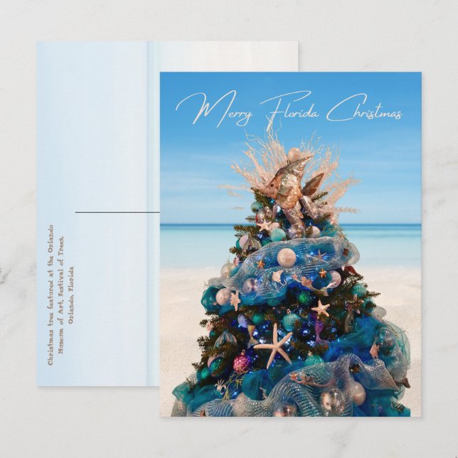Postal Festiva Árbol y playa tropical de Navidades de la Florida (Anverso / Reverso)