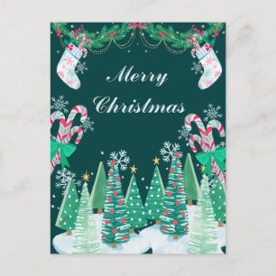 Postal Festiva Árboles de Navidad, bastón de caramelo y medias
