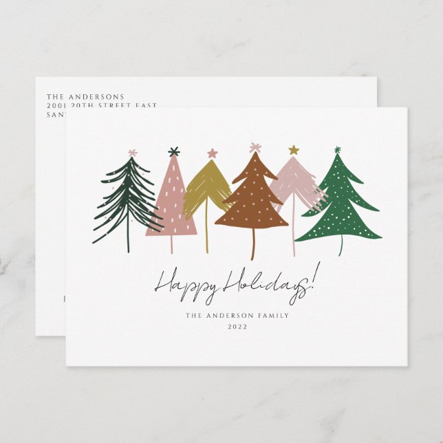 Postal Festiva Árboles navideños minimalistas (Anverso / Reverso)