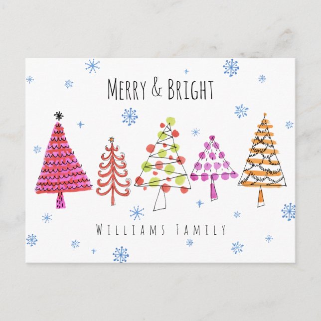 Postal Festiva Árboles navideños modernos, amargos y brillantes (Anverso)
