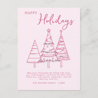 Postal Festiva Árboles rosados dibujando Navidades de caracol