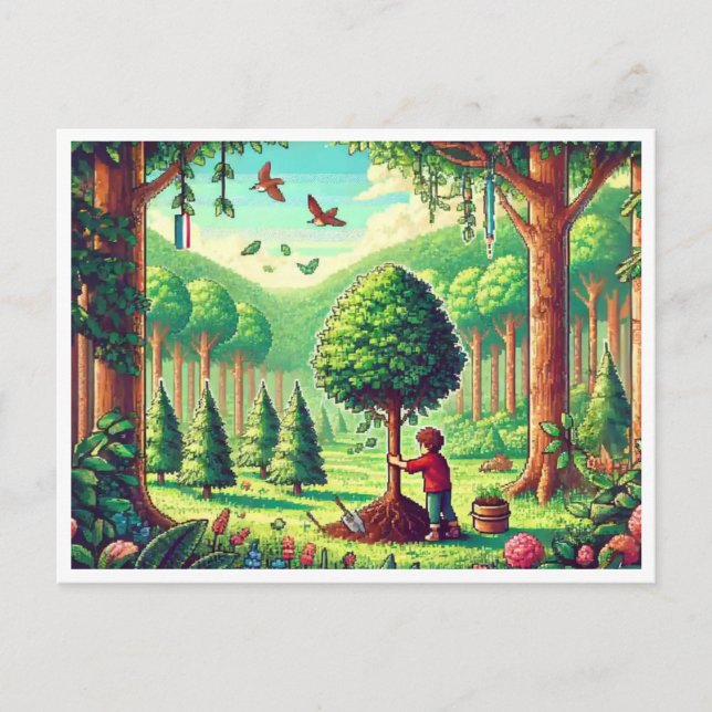 Postal Festiva 🌱 Arbor Day Pixel Art Postcard - Retro Nature Cel (Anverso)