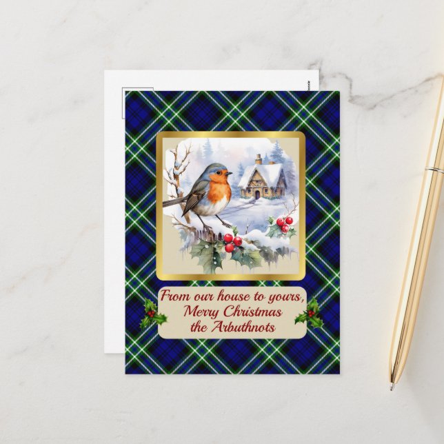 Postal Festiva Arbuthnot Escudo y Tartan w/Robin Personalizado (Anverso/Reverso In Situ)