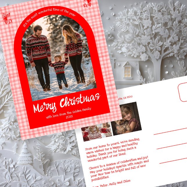 Postal Festiva Arco de Personalizado de Navidades Rojos Rosados d (Gingham Pink Red Christmas Custom Arch 3 Photo Holiday Postcard
)
