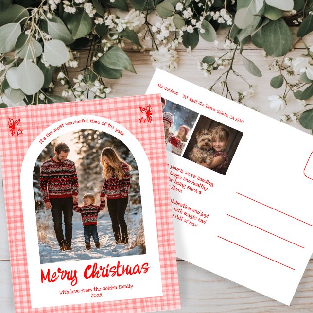 Postal Festiva Arco de Personalizado de Navidades Rojos Rosados d (Gingham Plaid Pink Red Christmas Custom Arch 3 Photo Holiday Postcard
)