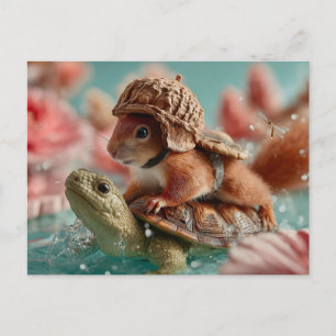 Postal Festiva Ardilla caprichosa montando una tortuga