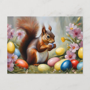 Postal Festiva ardilla con huevos de Pascua y flores de primavera