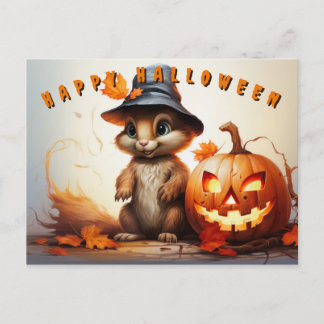 Postal Festiva Ardilla De Halloween En Gorra Con Calabaza