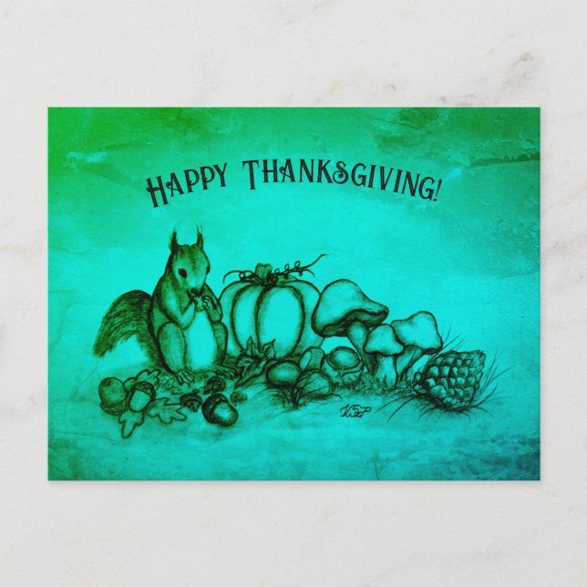 Postal Festiva ardilla en otoño, ¡Feliz Día de Acción de Gracias! (Anverso)
