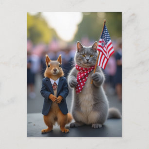 Postal Festiva ardilla patriótica y gato