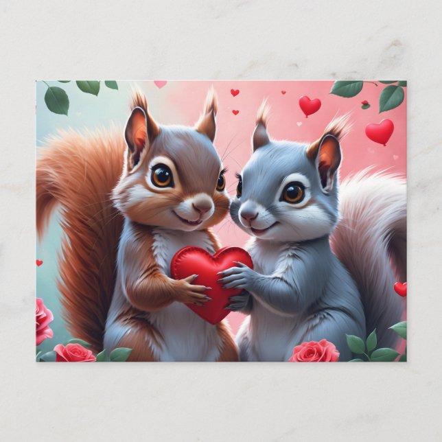 Postal Festiva Ardillas del Día de San Valentín con Corazón  (Anverso)