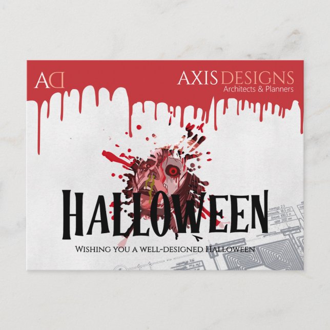 Postal Festiva Arquitecto Halloween Zombie y saludos de sangre (Anverso)