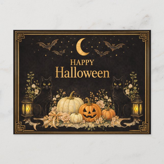 Postal Festiva Art Deco Black Cats Luxury Halloween (Anverso)