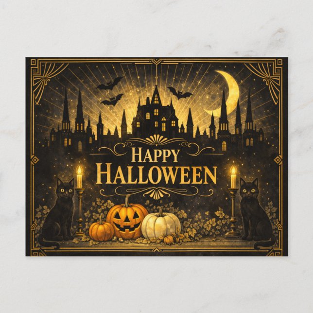 Postal Festiva Art Deco Halloween Negro Oro (Anverso)
