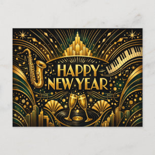 Postal Festiva Art Deco Jazz Oro Feliz Año Nuevo