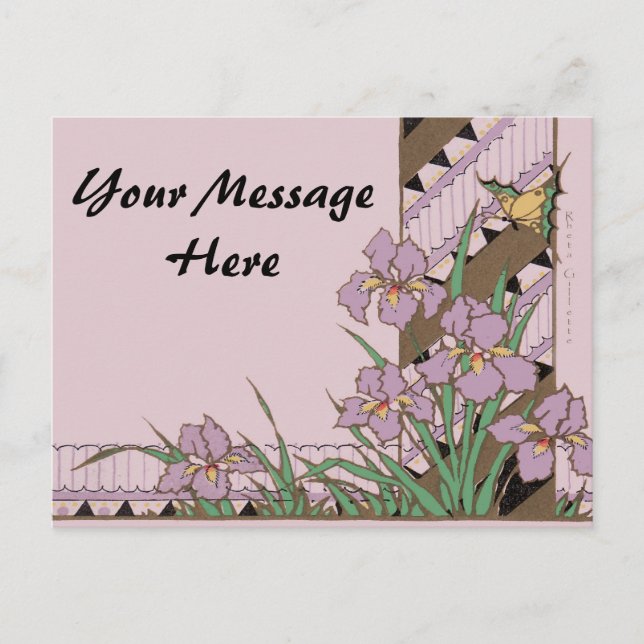 Postal Festiva Art Deco Pascua Morado Iris Mariposa (Anverso)