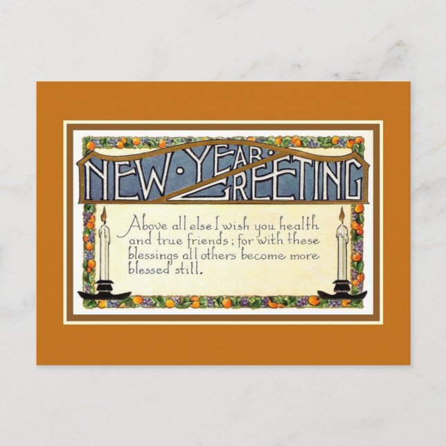 Postal Festiva Art Deco Saludo Año Nuevo verso dorado marrón (Anverso)