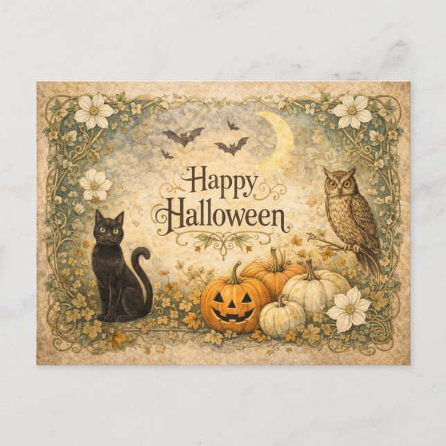 Postal Festiva Art Nouveau Black Cat Owl Halloween (Anverso)