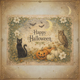 Postal Festiva Art Nouveau Gato Negro Búho Halloween